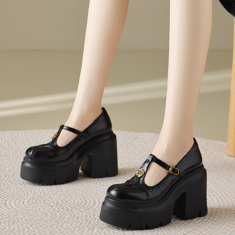 Women's Mary Jane Shoes Spring Summer Metal Floral Genuine Leather High Heels 12 CM Block Heel Platform Cut Out Sweet Cool Belt Buckle Shoes 60326