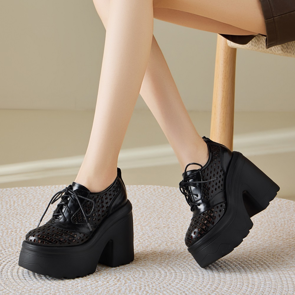 Women's Spring Summer Genuine Leather Concise High Heels 12 CM Block Heel Cut Out Elegant Versatile British Style Lace-up Shoes 60326