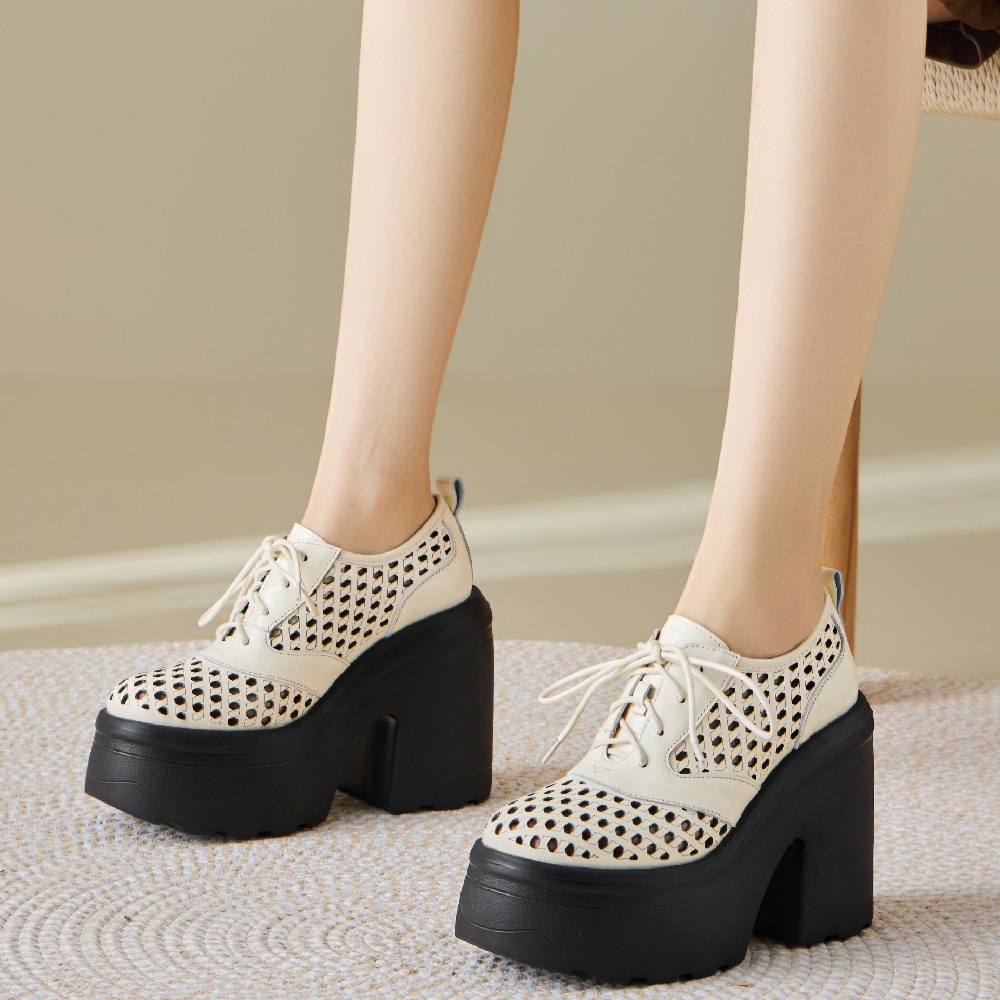 Women's Spring Summer Genuine Leather Concise High Heels 12 CM Block Heel Cut Out Elegant Versatile British Style Lace-up Shoes 60326