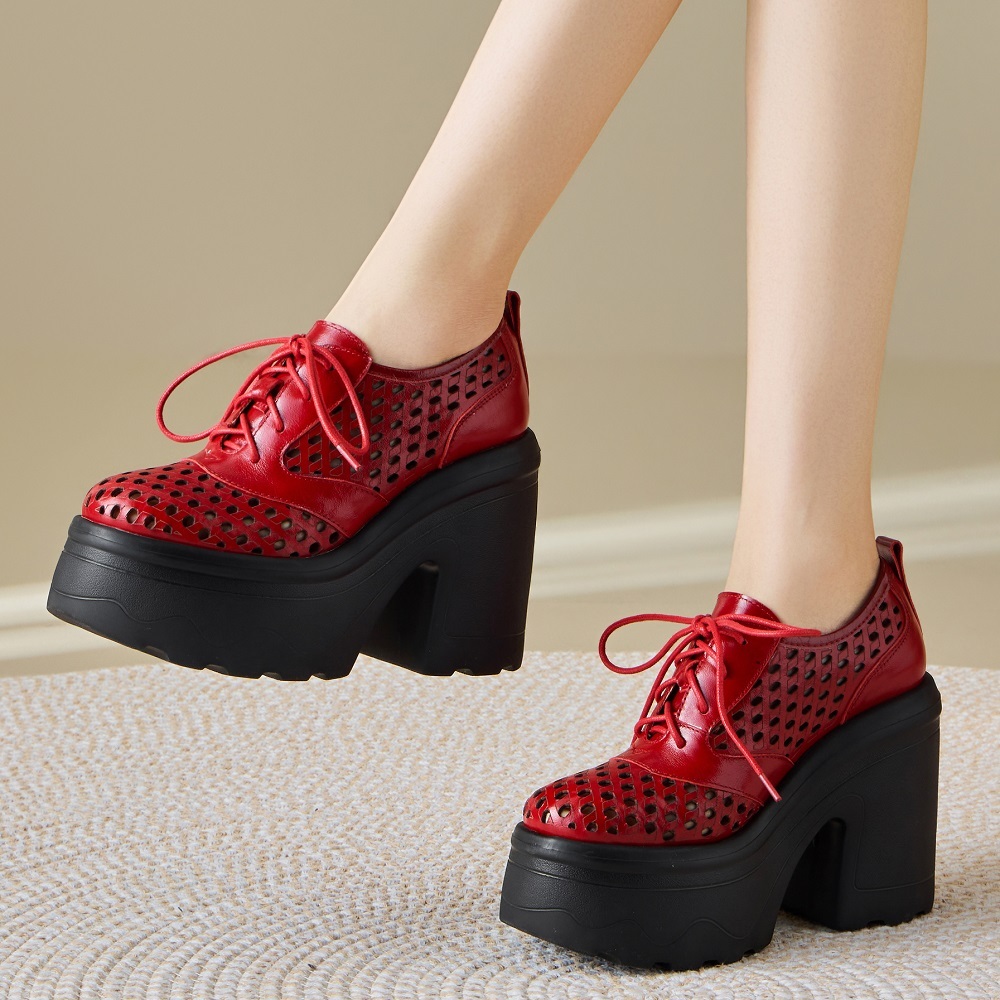 Women's Spring Summer Genuine Leather Concise High Heels 12 CM Block Heel Cut Out Elegant Versatile British Style Lace-up Shoes 60326