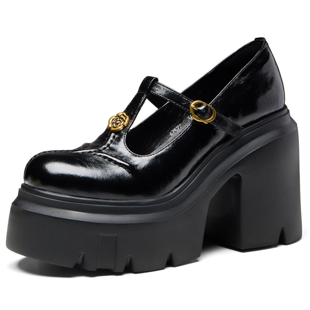 Women's Mary Jane Shoes Spring Summer Metal Floral Genuine Leather High Heels 12 CM Block Heel Platform Cut Out Sweet Cool Belt Buckle Shoes 60326