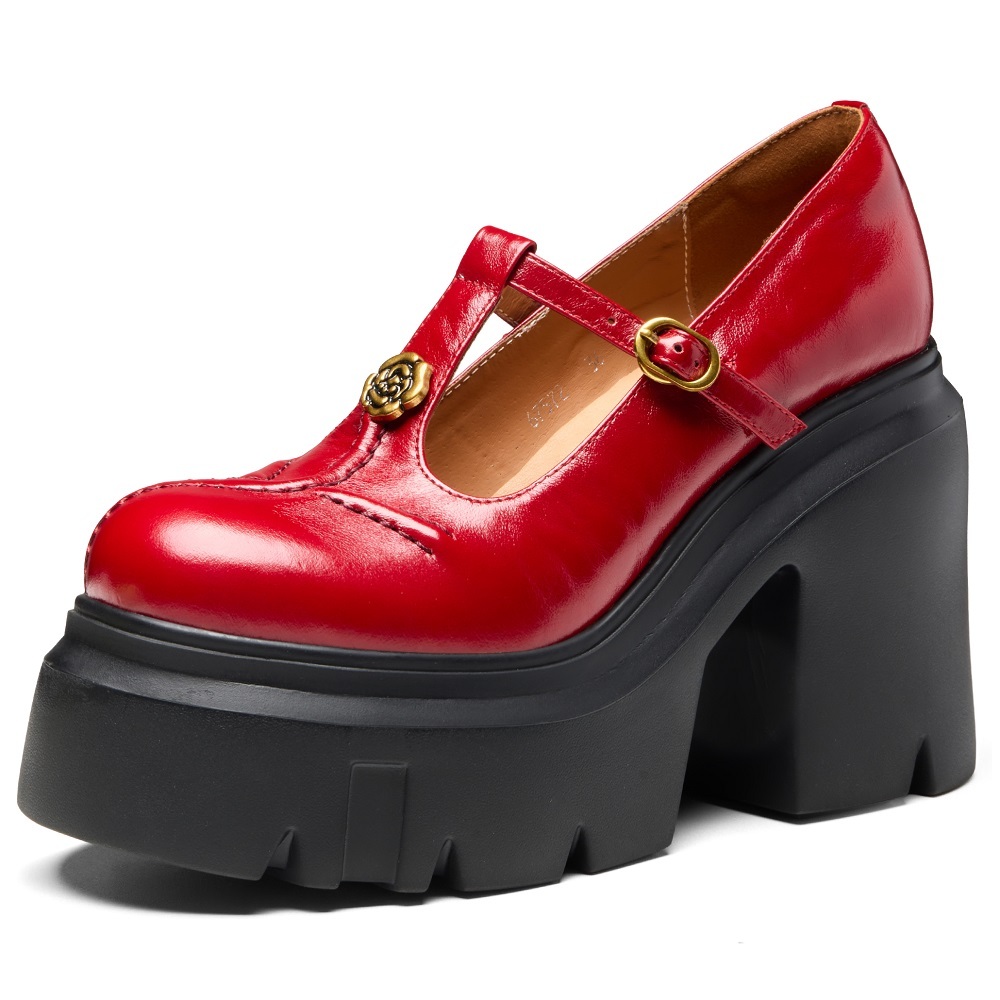 Women's Mary Jane Shoes Spring Summer Metal Floral Genuine Leather High Heels 12 CM Block Heel Platform Cut Out Sweet Cool Belt Buckle Shoes 60326