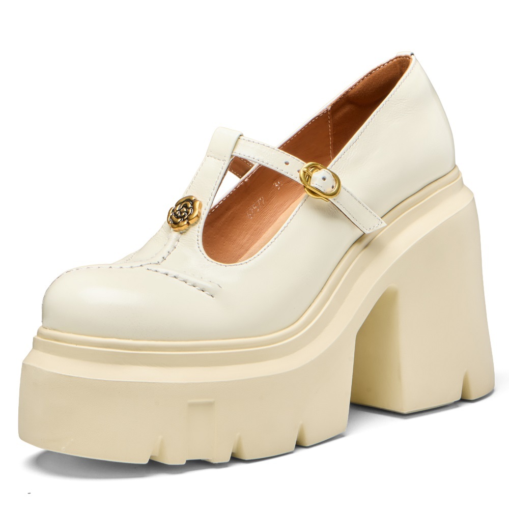 Women's Mary Jane Shoes Spring Summer Metal Floral Genuine Leather High Heels 12 CM Block Heel Platform Cut Out Sweet Cool Belt Buckle Shoes 60326