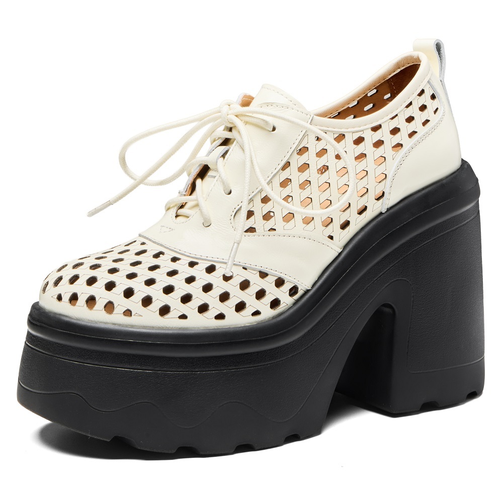 Women's Spring Summer Genuine Leather Concise High Heels 12 CM Block Heel Cut Out Elegant Versatile British Style Lace-up Shoes 60326