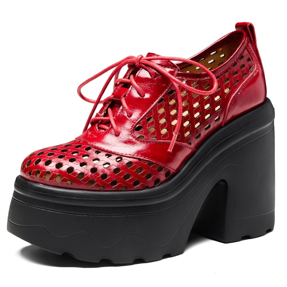 Women's Spring Summer Genuine Leather Concise High Heels 12 CM Block Heel Cut Out Elegant Versatile British Style Lace-up Shoes 60326