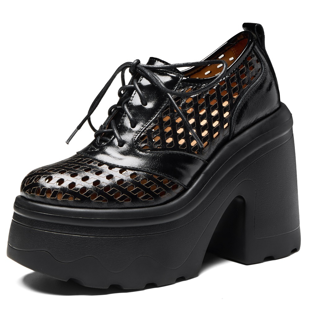 Women's Spring Summer Genuine Leather Concise High Heels 12 CM Block Heel Cut Out Elegant Versatile British Style Lace-up Shoes 60326