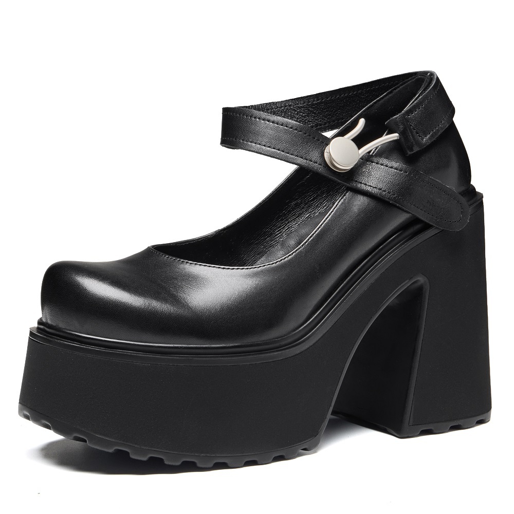 Women's Genuine Leather Mary Jane Pumps Spring Summer Low Cut Single Strap European American Style Handmade 12 CM Block Heel Platform Shoes 60326