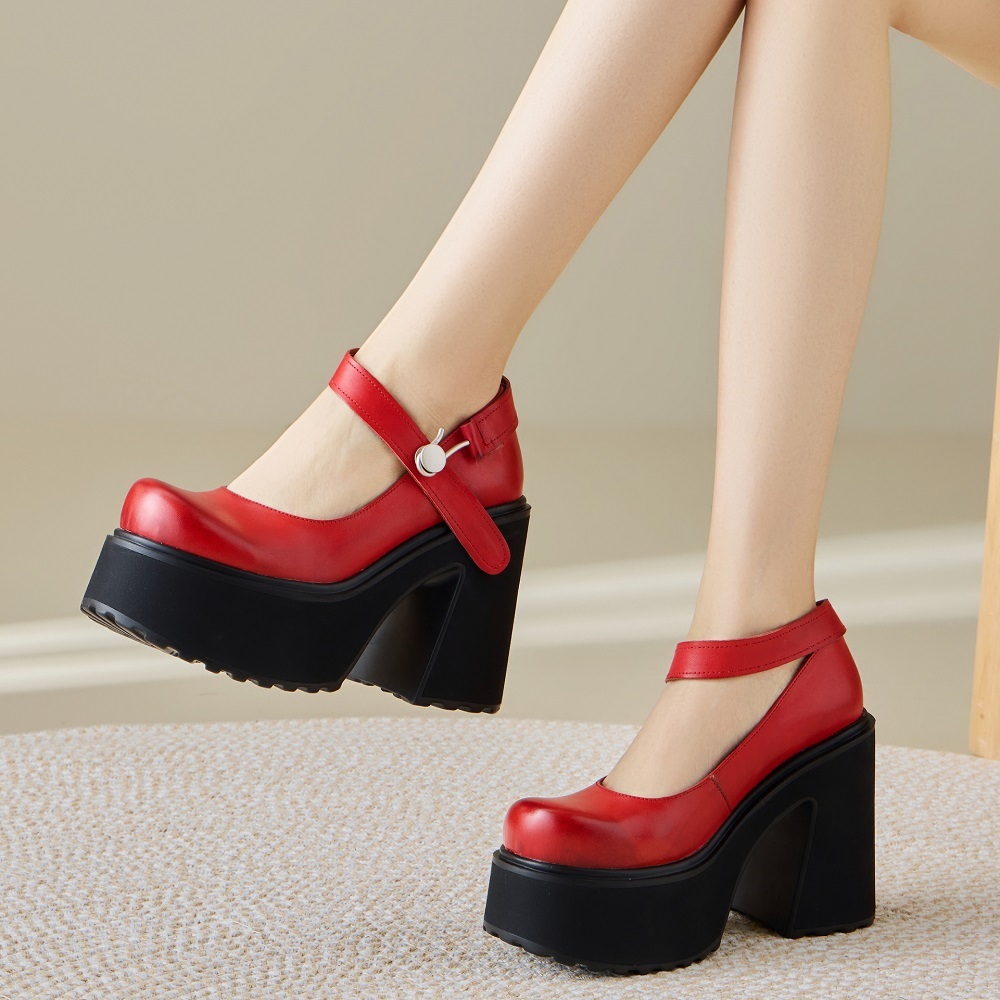Women's Genuine Leather Mary Jane Pumps Spring Summer Low Cut Single Strap European American Style Handmade 12 CM Block Heel Platform Shoes 60326