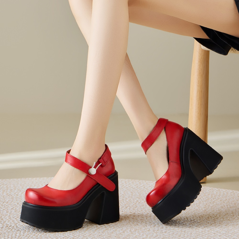 Women's Genuine Leather Mary Jane Pumps Spring Summer Low Cut Single Strap European American Style Handmade 12 CM Block Heel Platform Shoes 60326