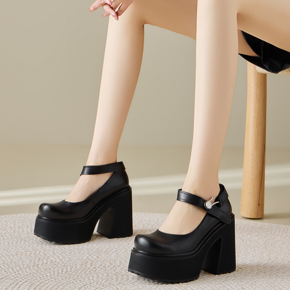 Women's Genuine Leather Mary Jane Pumps Spring Summer Low Cut Single Strap European American Style Handmade 12 CM Block Heel Platform Shoes 60326