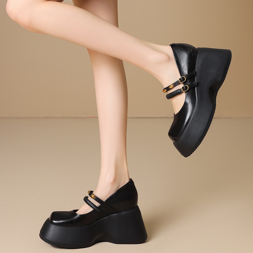 Women's Retro British College Style Genuine Leather 10 CM Wedge Hidden Heel Shoes Thin Strap Metal Buckle Shallow Mouth Spring Summer Shoes 60326