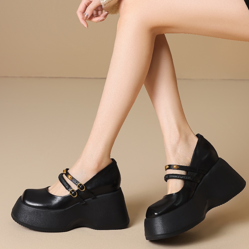 Women's Retro British College Style Genuine Leather 10 CM Wedge Hidden Heel Shoes Thin Strap Metal Buckle Shallow Mouth Spring Summer Shoes 60326