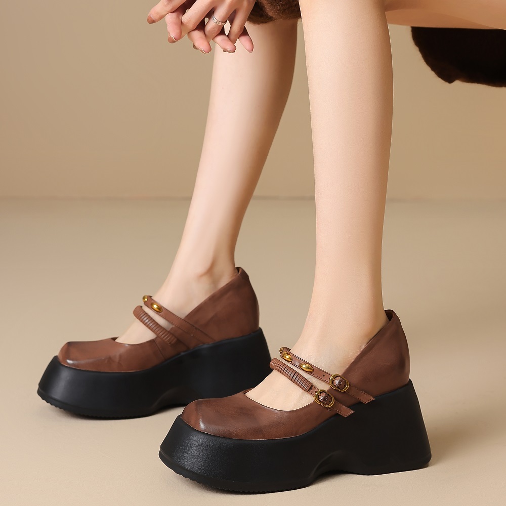 Women's Retro British College Style Genuine Leather 10 CM Wedge Hidden Heel Shoes Thin Strap Metal Buckle Shallow Mouth Spring Summer Shoes 60326