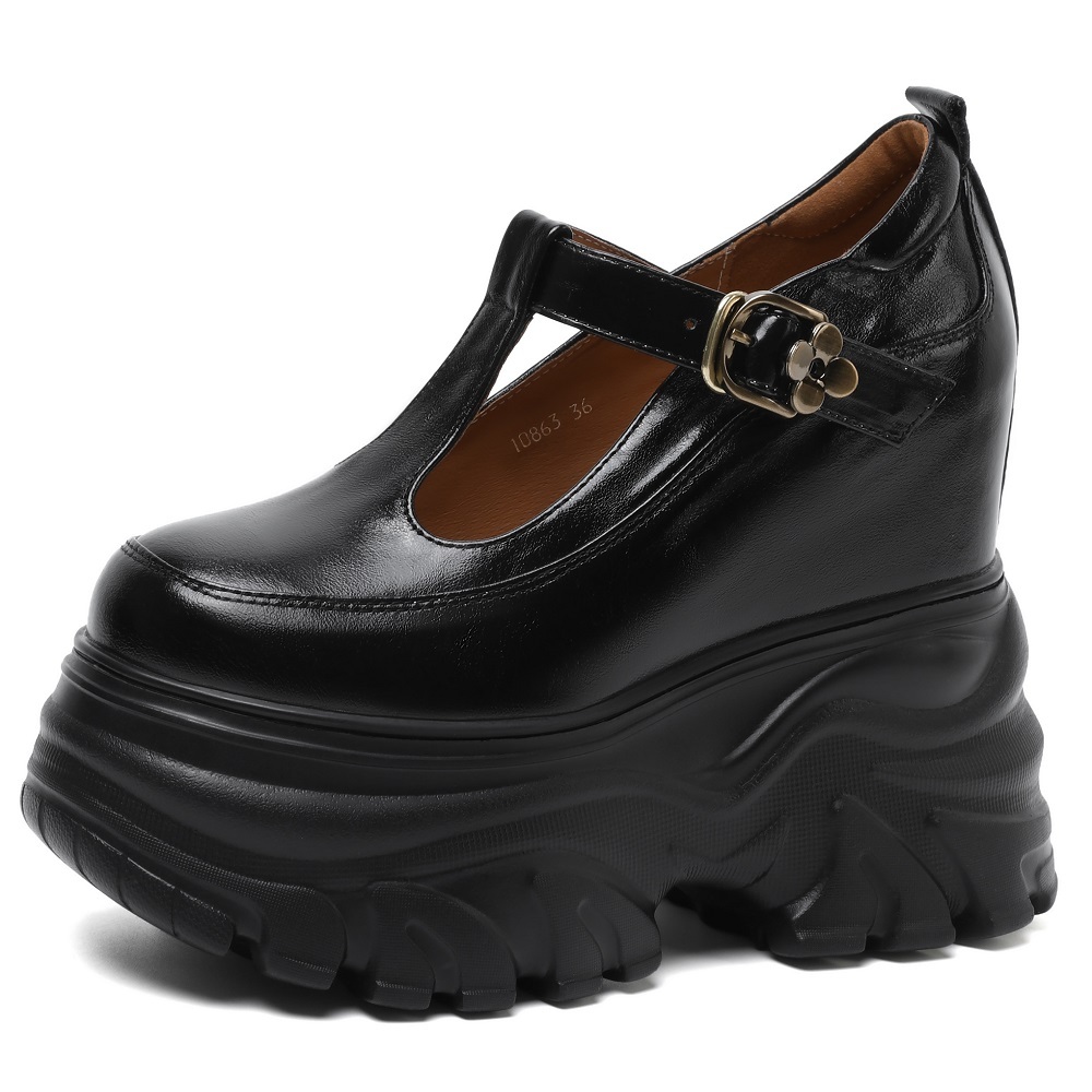 New Spring Summer Women's Genuine Leather Cut Out Mary Jane Pumps T-Strap Metal Buckle 14 CM Thick Sole Hidden Wedge Heel Shoes 60326