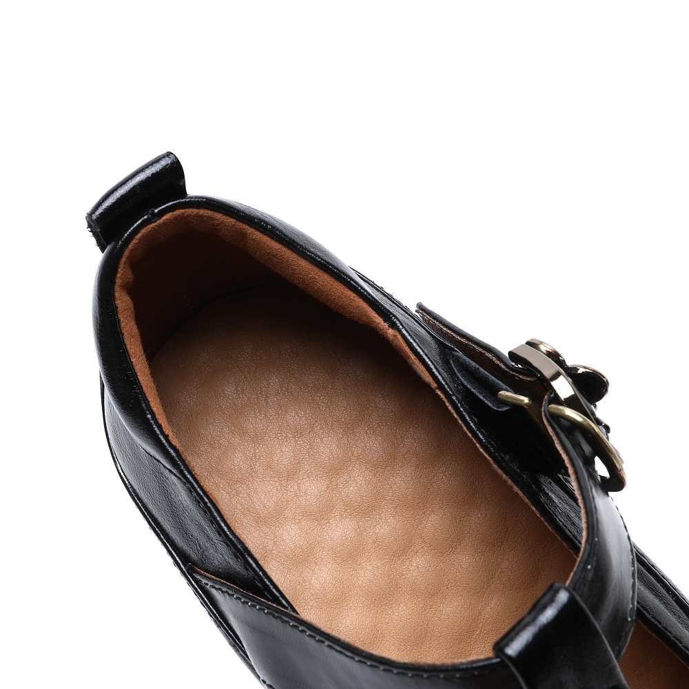 New Spring Summer Women's Genuine Leather Cut Out Mary Jane Pumps T-Strap Metal Buckle 14 CM Thick Sole Hidden Wedge Heel Shoes 60326