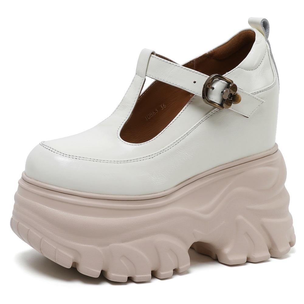 New Spring Summer Women's Genuine Leather Cut Out Mary Jane Pumps T-Strap Metal Buckle 14 CM Thick Sole Hidden Wedge Heel Shoes 60326