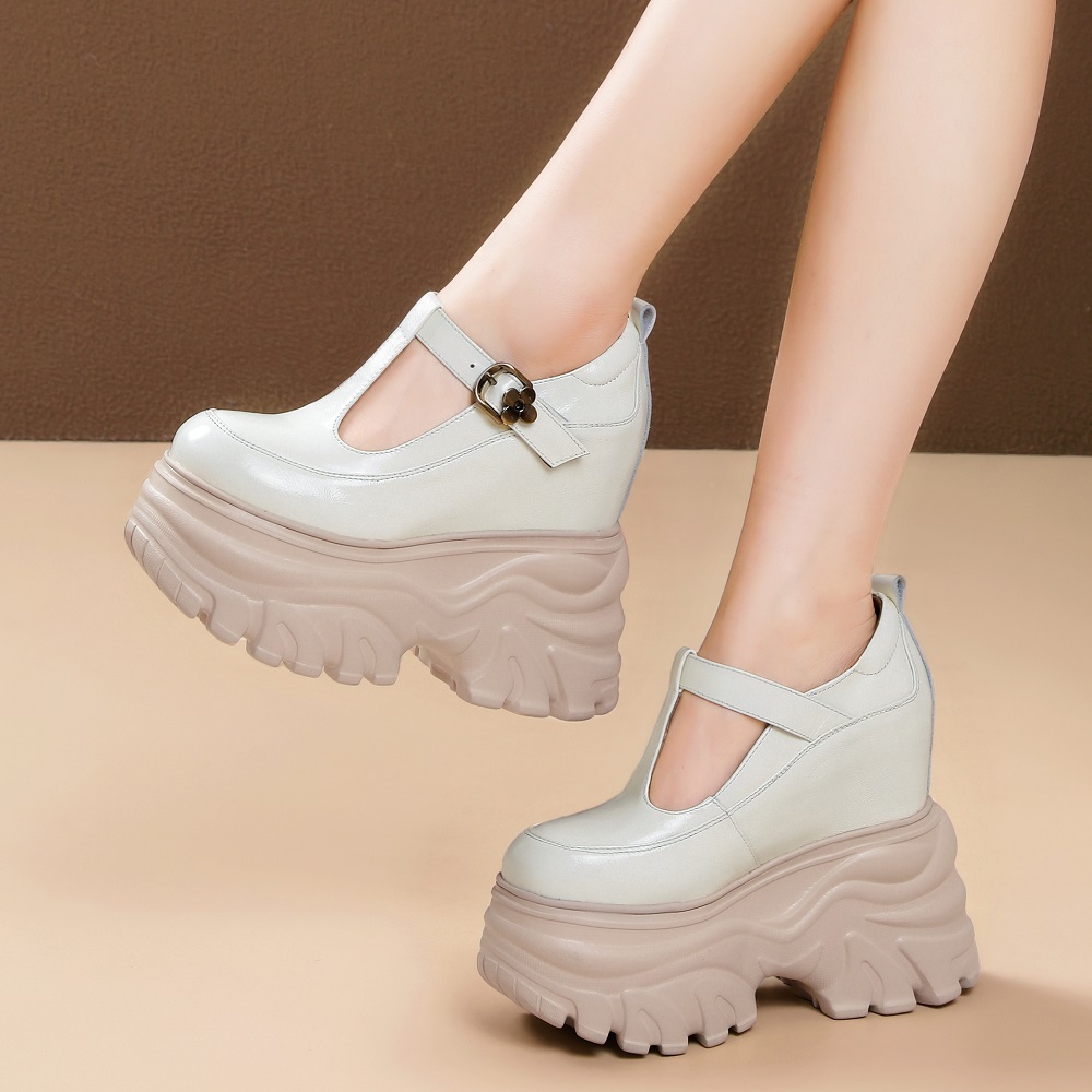 New Spring Summer Women's Genuine Leather Cut Out Mary Jane Pumps T-Strap Metal Buckle 14 CM Thick Sole Hidden Wedge Heel Shoes 60326