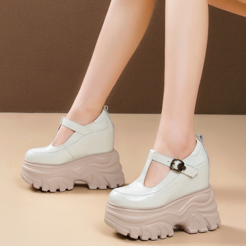 New Spring Summer Women's Genuine Leather Cut Out Mary Jane Pumps T-Strap Metal Buckle 14 CM Thick Sole Hidden Wedge Heel Shoes 60326