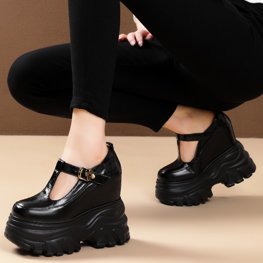 New Spring Summer Women's Genuine Leather Cut Out Mary Jane Pumps T-Strap Metal Buckle 14 CM Thick Sole Hidden Wedge Heel Shoes 60326