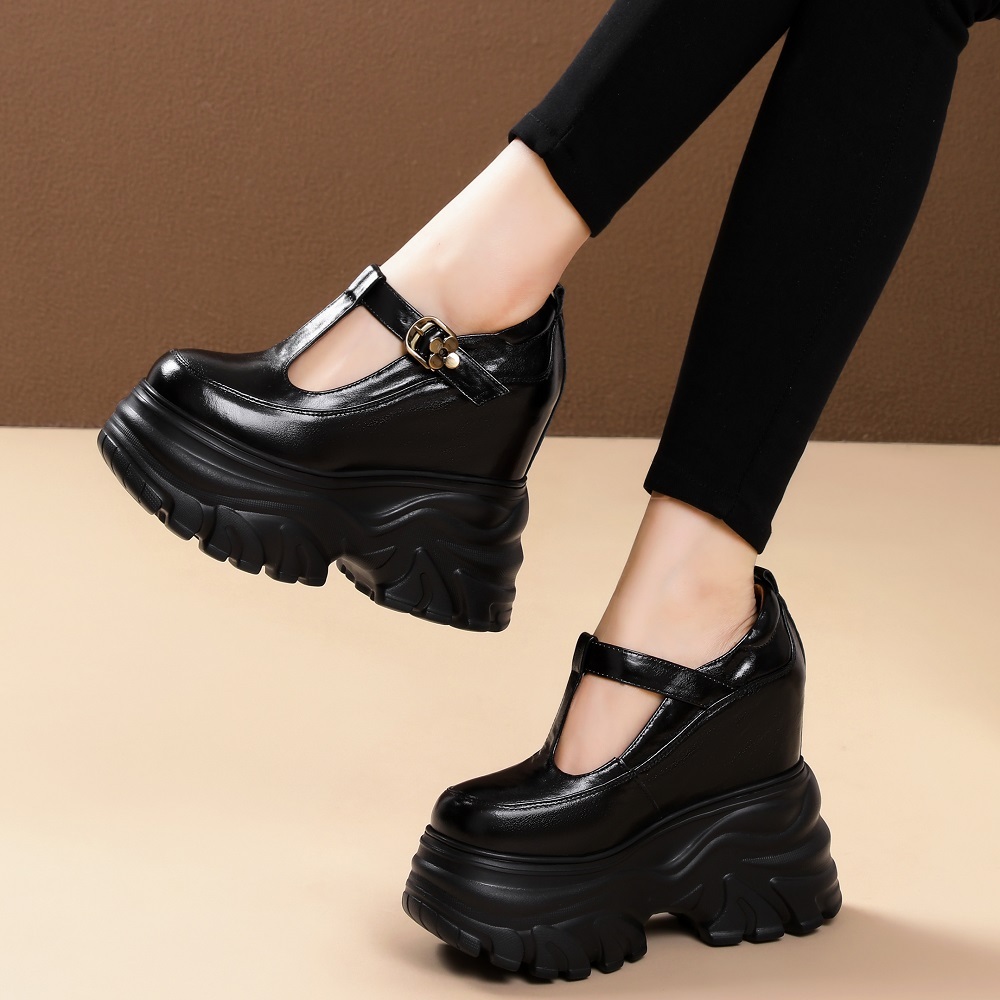New Spring Summer Women's Genuine Leather Cut Out Mary Jane Pumps T-Strap Metal Buckle 14 CM Thick Sole Hidden Wedge Heel Shoes 60326