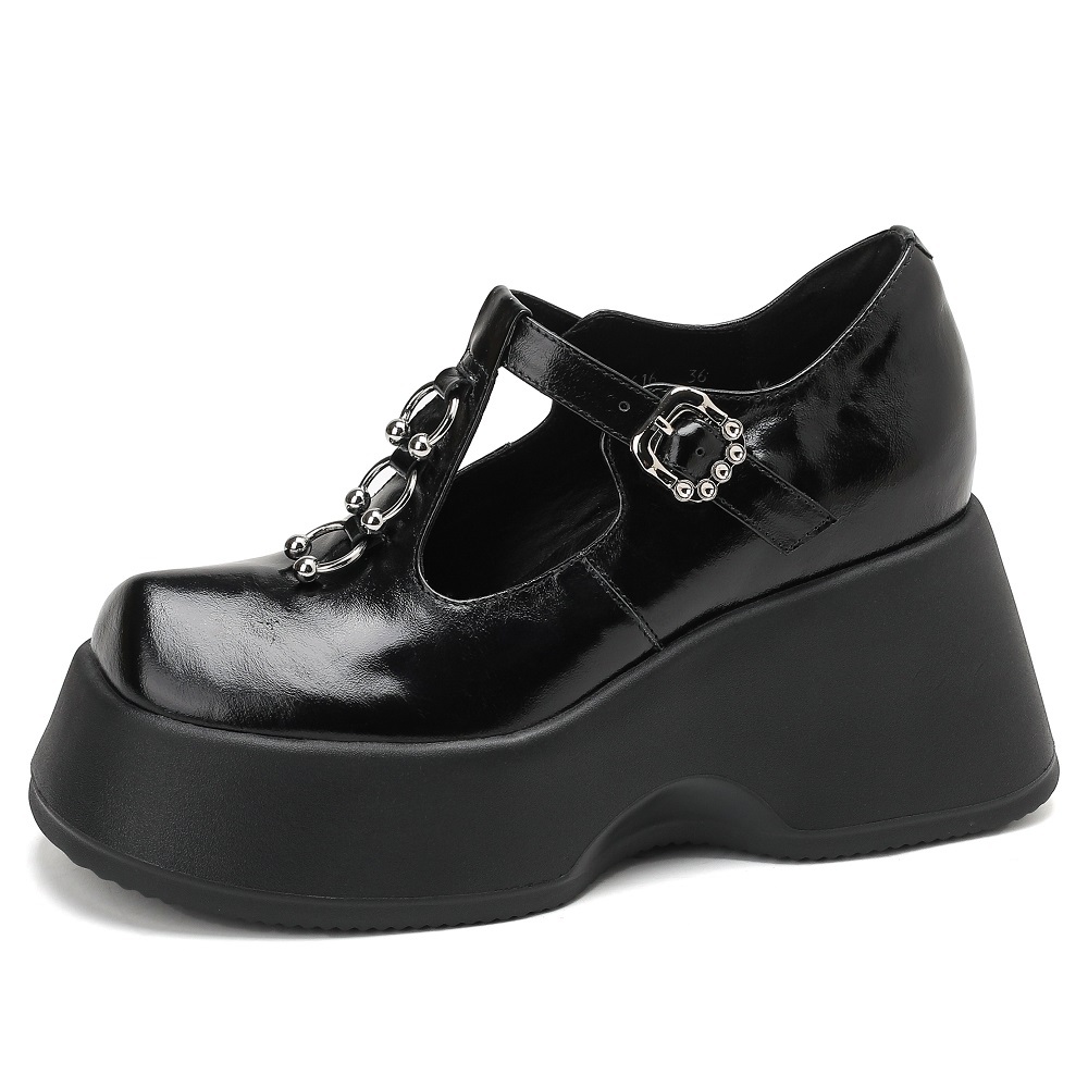 Women Spring Summer Genuine Leather Fashion Versatile Pumps T-Strap Metal Buckle Cut Out Low-Cut 10 CM Platform Wedge Heel Sweet Cool Style Shoes 60327