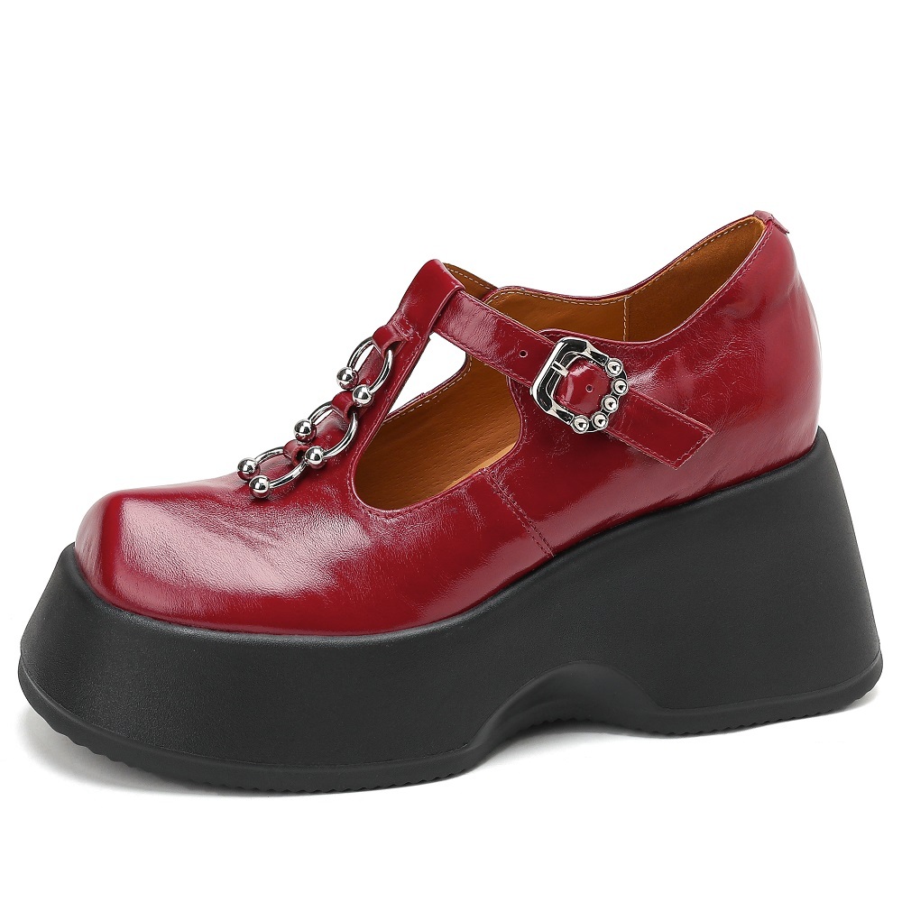 Women Spring Summer Genuine Leather Fashion Versatile Pumps T-Strap Metal Buckle Cut Out Low-Cut 10 CM Platform Wedge Heel Sweet Cool Style Shoes 60327
