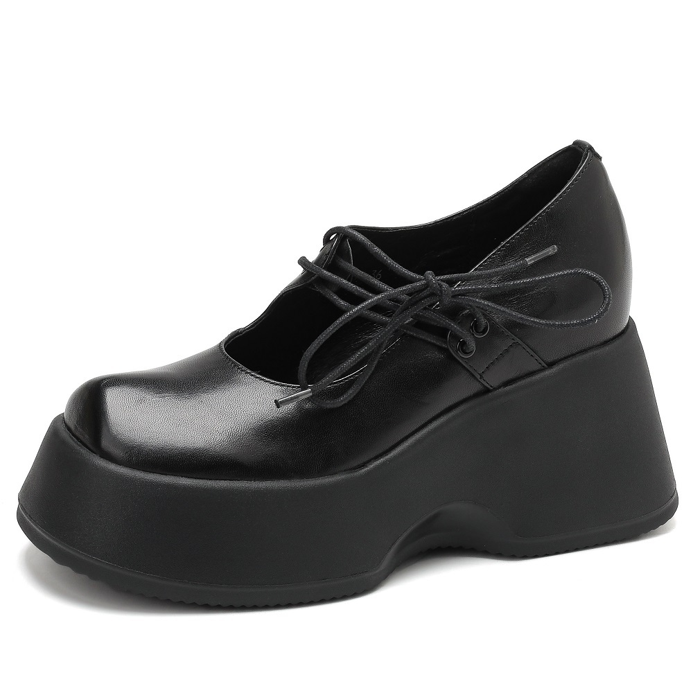 New Stylish Genuine Leather Shallow Mouth Lace-Up Korean Style Women's Pumps 10 CM Wedge Heel Platform Versatile Sweet Cool Spring Summer Shoes 60327