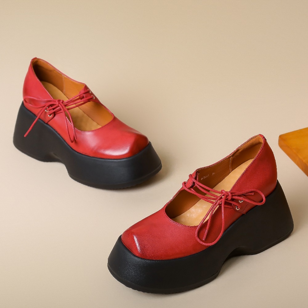 New Stylish Genuine Leather Shallow Mouth Lace-Up Korean Style Women's Pumps 10 CM Wedge Heel Platform Versatile Sweet Cool Spring Summer Shoes 60327