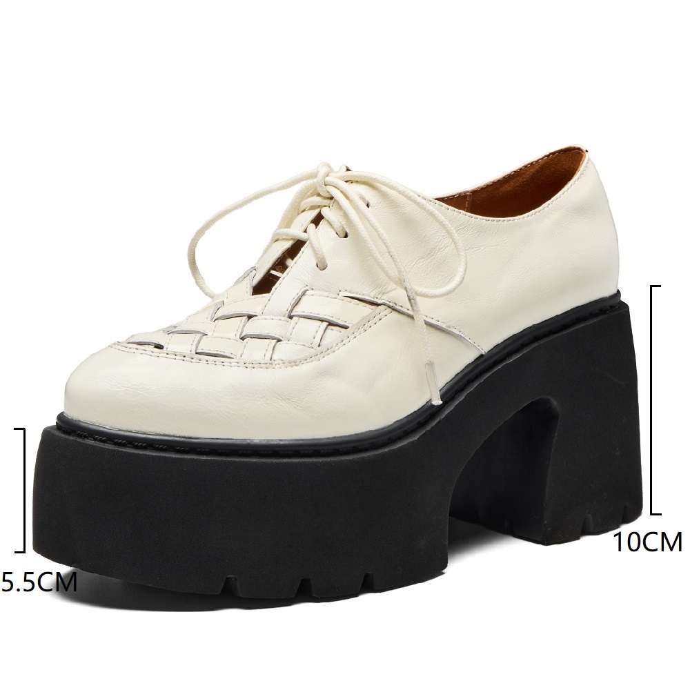 Spring Summer New Women's Genuine Leather Woven Cut Out Lace-up Fashion Pointed Toe 10 CM Block Heel British Style Versatile Pumps 60327