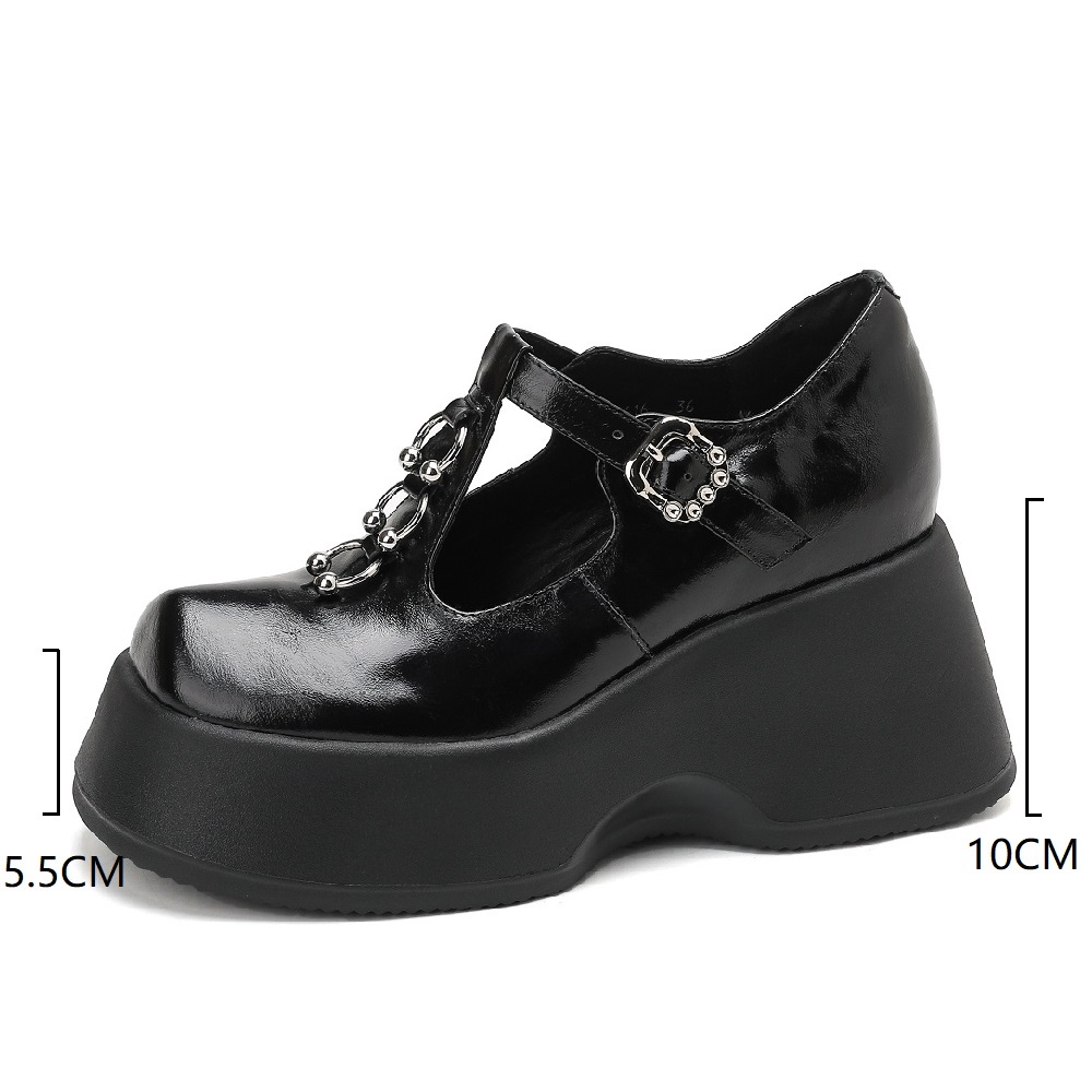 Women Spring Summer Genuine Leather Fashion Versatile Pumps T-Strap Metal Buckle Cut Out Low-Cut 10 CM Platform Wedge Heel Sweet Cool Style Shoes 60327