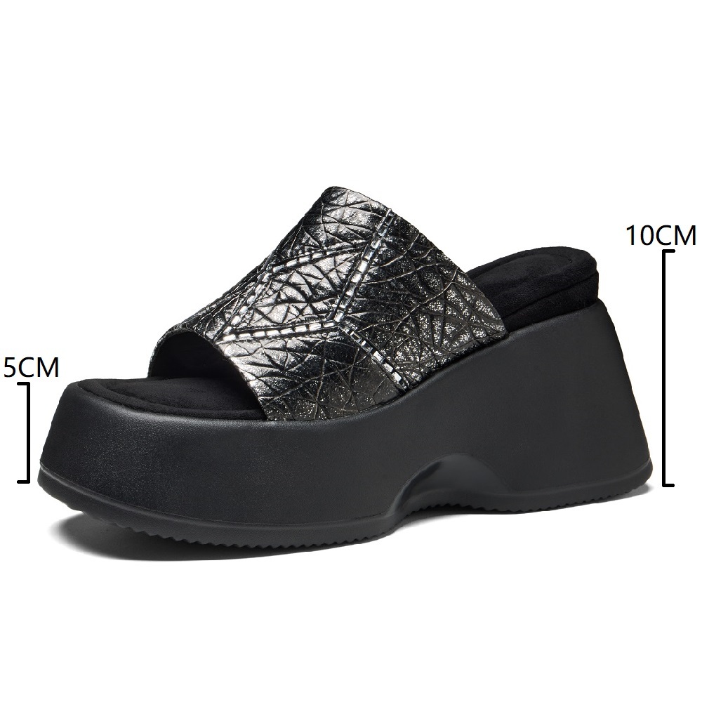 Women's Handmade Genuine Leather Open Toe Slide Sandals Fashion Embossed Texture 10 CM Wedge Heel Sweet Cool Street Style Versatile Slimming Beach Slippers 60327