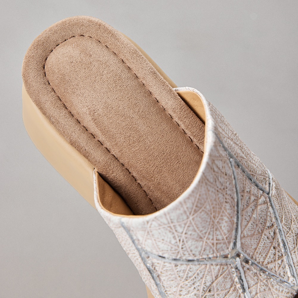 Women's Handmade Genuine Leather Open Toe Slide Sandals Fashion Embossed Texture 10 CM Wedge Heel Sweet Cool Street Style Versatile Slimming Beach Slippers 60327