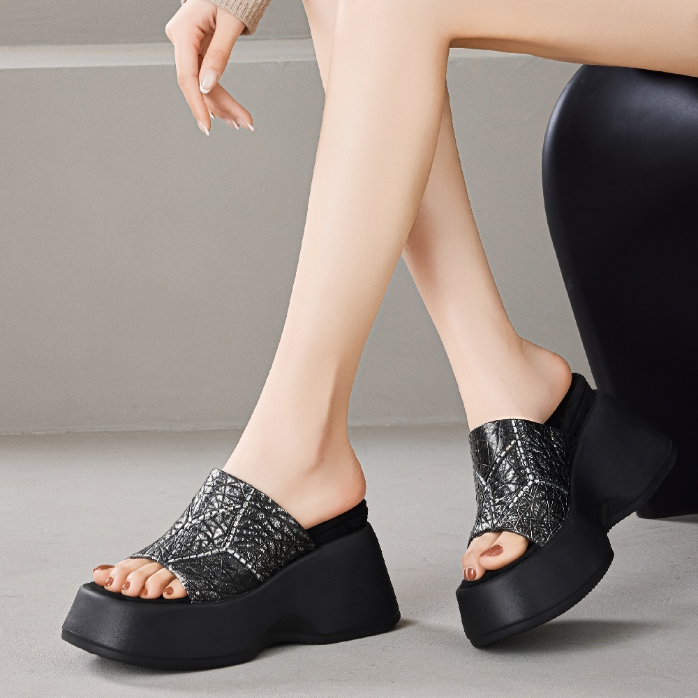 Women's Handmade Genuine Leather Open Toe Slide Sandals Fashion Embossed Texture 10 CM Wedge Heel Sweet Cool Street Style Versatile Slimming Beach Slippers 60327