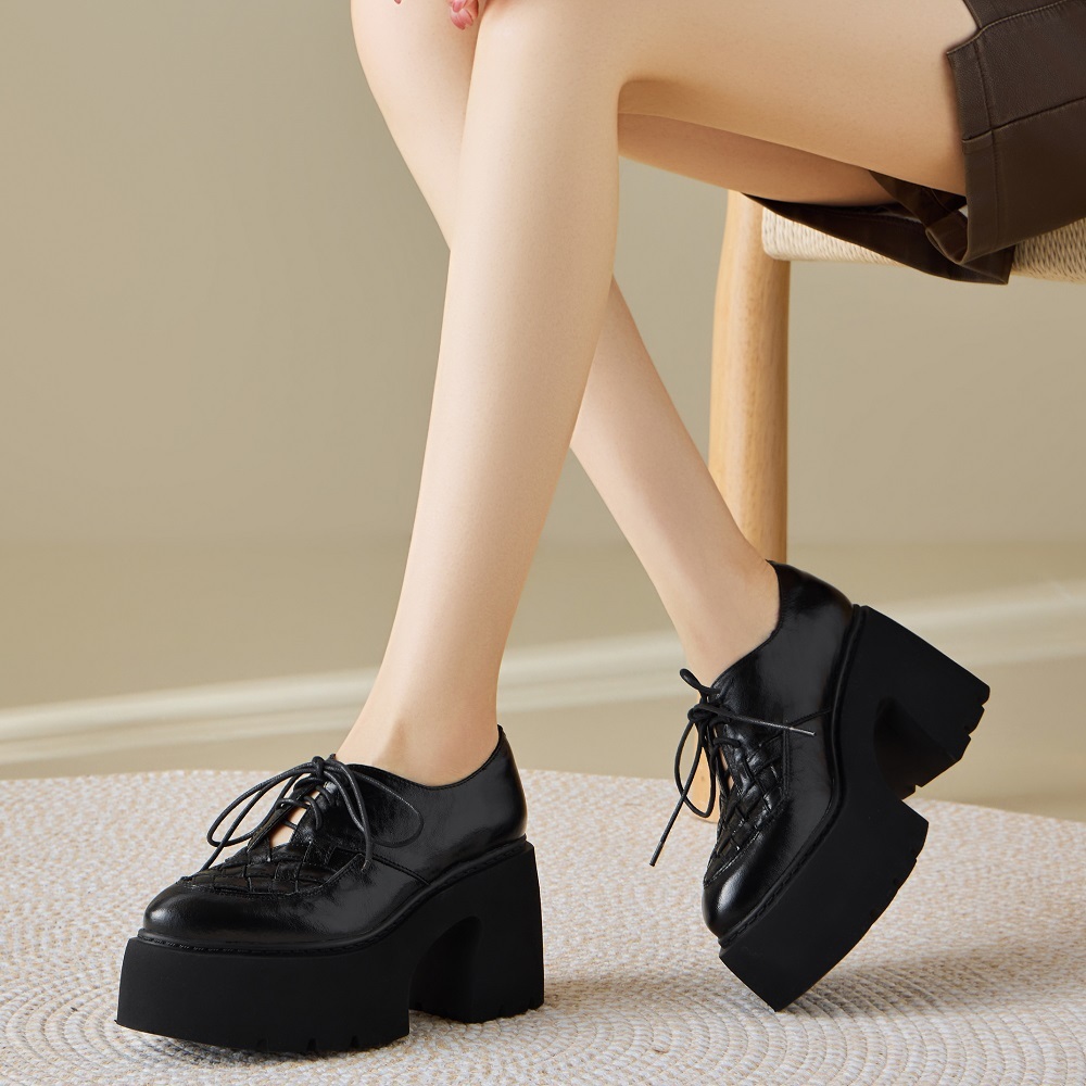 Spring Summer New Women's Genuine Leather Woven Cut Out Lace-up Fashion Pointed Toe 10 CM Block Heel British Style Versatile Pumps 60327