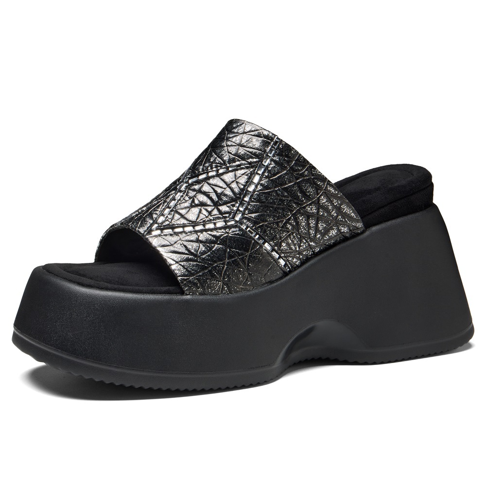 Women's Handmade Genuine Leather Open Toe Slide Sandals Fashion Embossed Texture 10 CM Wedge Heel Sweet Cool Street Style Versatile Slimming Beach Slippers 60327