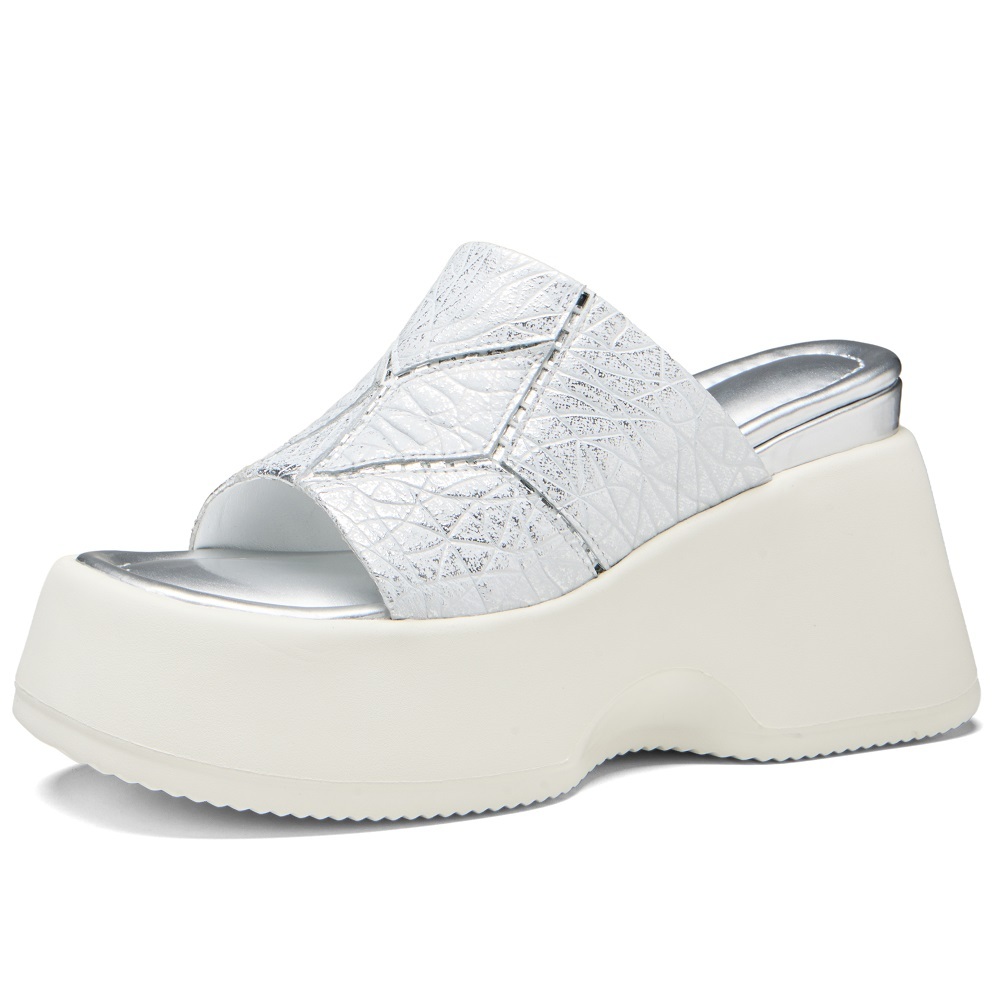 Women's Handmade Genuine Leather Open Toe Slide Sandals Fashion Embossed Texture 10 CM Wedge Heel Sweet Cool Street Style Versatile Slimming Beach Slippers 60327
