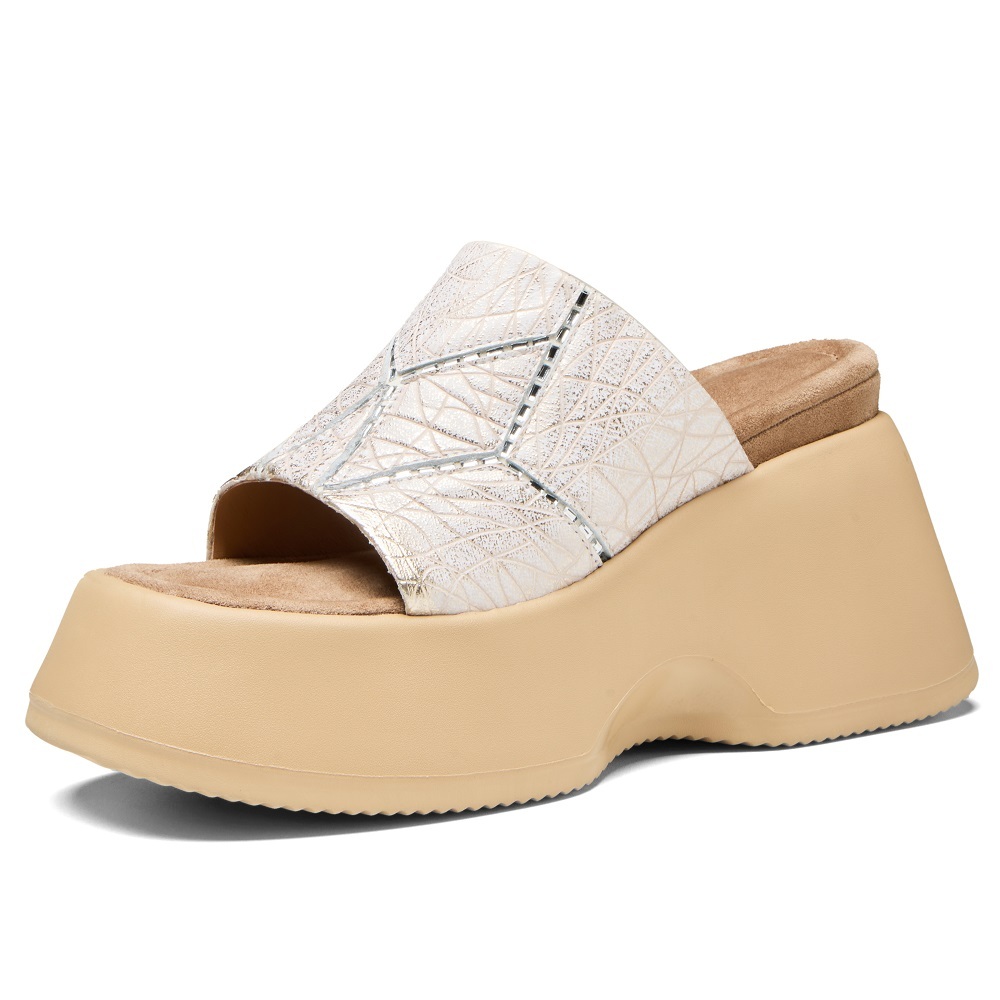Women's Handmade Genuine Leather Open Toe Slide Sandals Fashion Embossed Texture 10 CM Wedge Heel Sweet Cool Street Style Versatile Slimming Beach Slippers 60327