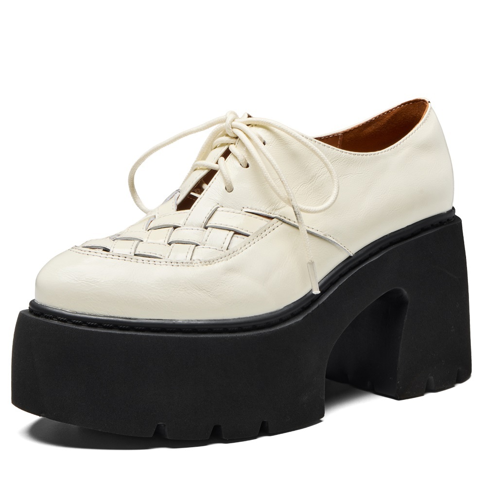 Spring Summer New Women's Genuine Leather Woven Cut Out Lace-up Fashion Pointed Toe 10 CM Block Heel British Style Versatile Pumps 60327