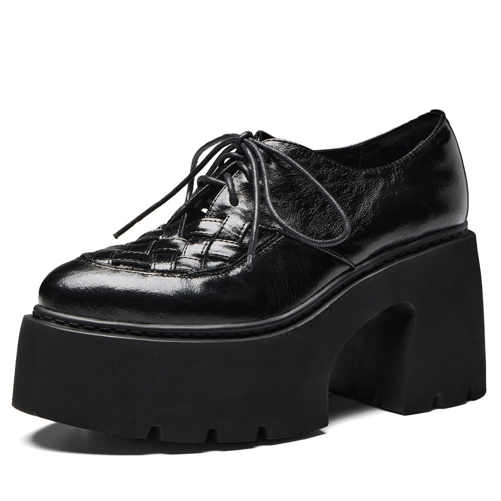 Spring Summer New Women's Genuine Leather Woven Cut Out Lace-up Fashion Pointed Toe 10 CM Block Heel British Style Versatile Pumps 60327