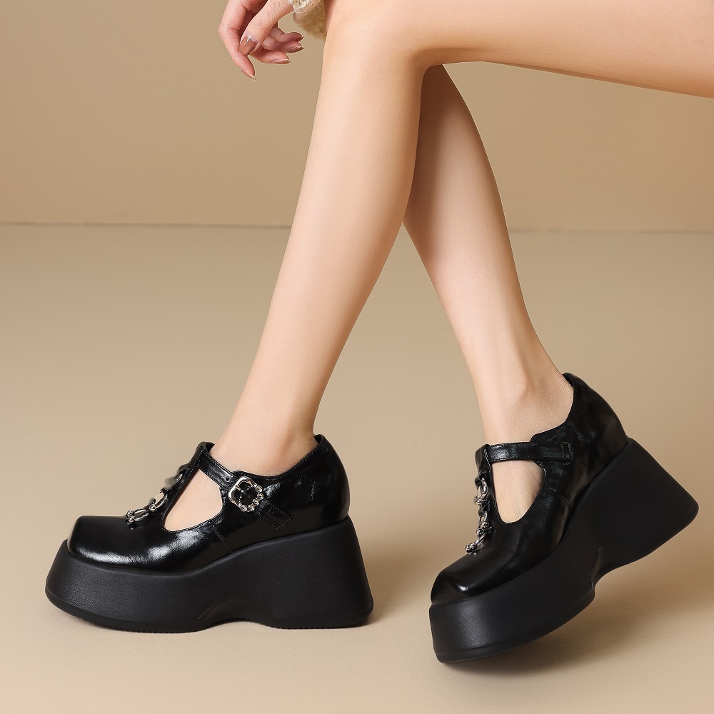 Women Spring Summer Genuine Leather Fashion Versatile Pumps T-Strap Metal Buckle Cut Out Low-Cut 10 CM Platform Wedge Heel Sweet Cool Style Shoes 60327