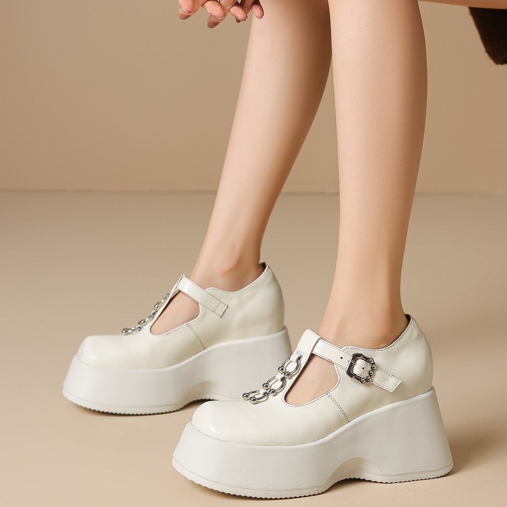 Women Spring Summer Genuine Leather Fashion Versatile Pumps T-Strap Metal Buckle Cut Out Low-Cut 10 CM Platform Wedge Heel Sweet Cool Style Shoes 60327