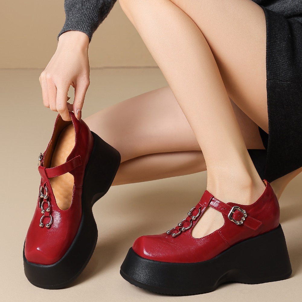 Women Spring Summer Genuine Leather Fashion Versatile Pumps T-Strap Metal Buckle Cut Out Low-Cut 10 CM Platform Wedge Heel Sweet Cool Style Shoes 60327