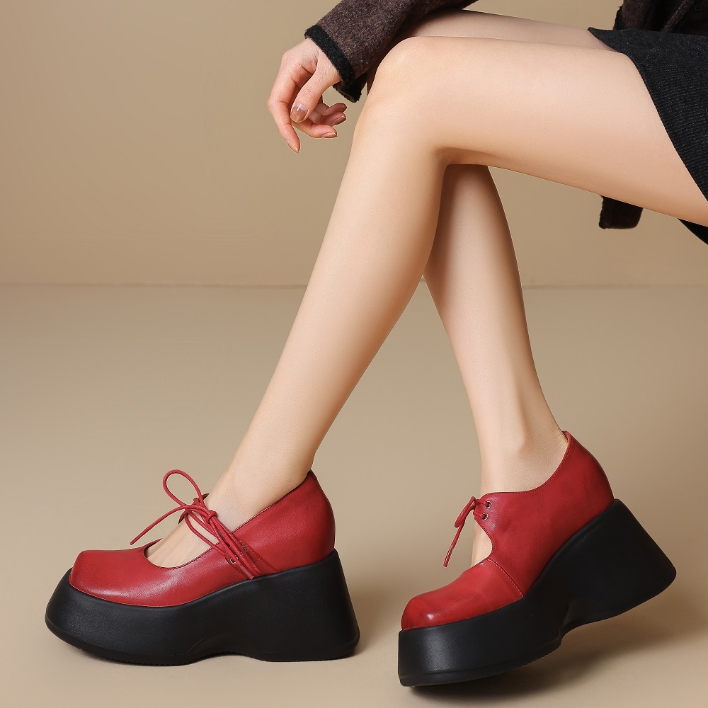 New Stylish Genuine Leather Shallow Mouth Lace-Up Korean Style Women's Pumps 10 CM Wedge Heel Platform Versatile Sweet Cool Spring Summer Shoes 60327