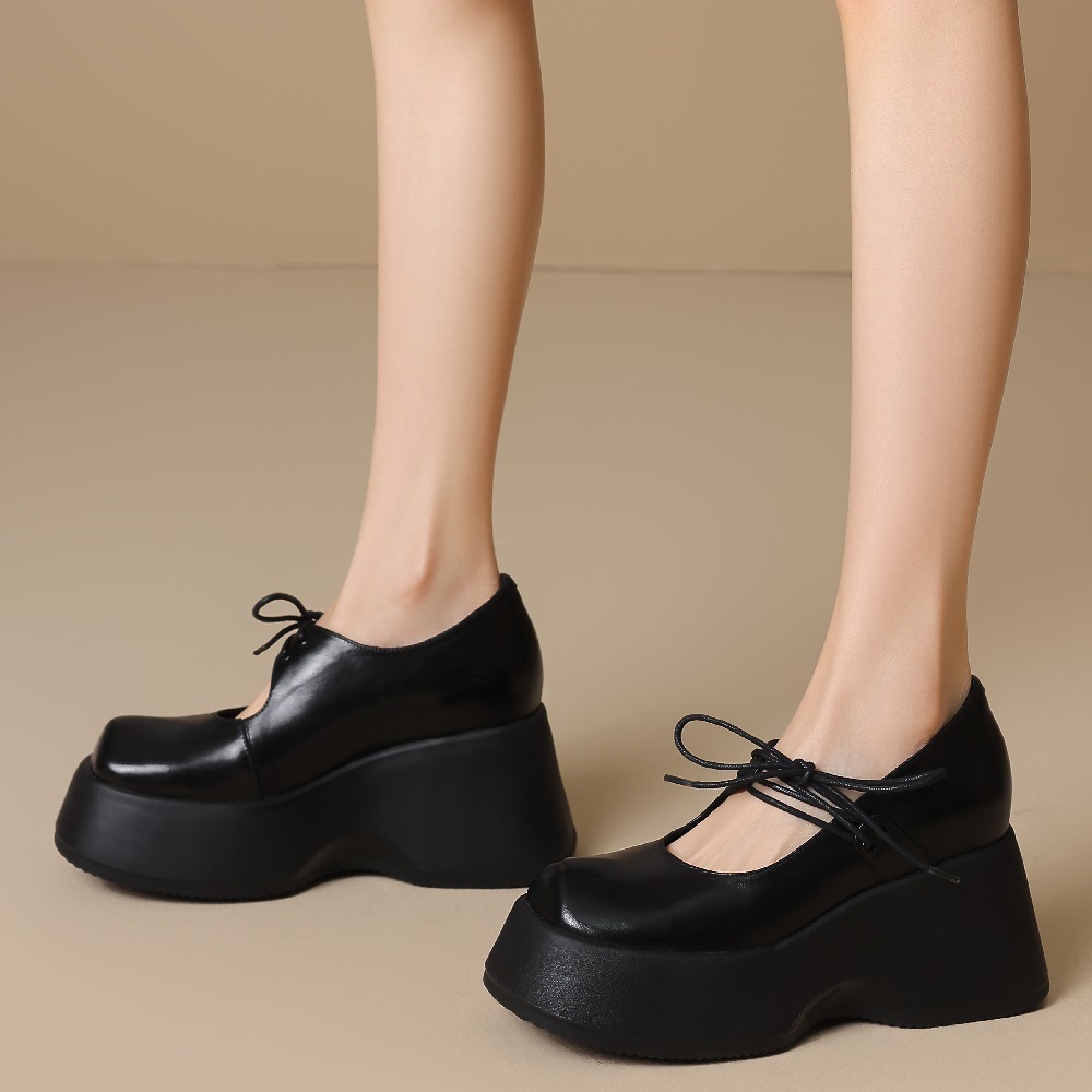 New Stylish Genuine Leather Shallow Mouth Lace-Up Korean Style Women's Pumps 10 CM Wedge Heel Platform Versatile Sweet Cool Spring Summer Shoes 60327