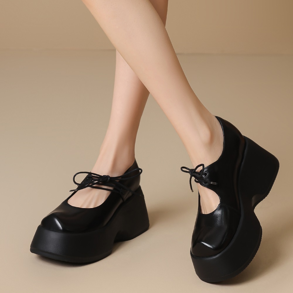 New Stylish Genuine Leather Shallow Mouth Lace-Up Korean Style Women's Pumps 10 CM Wedge Heel Platform Versatile Sweet Cool Spring Summer Shoes 60327