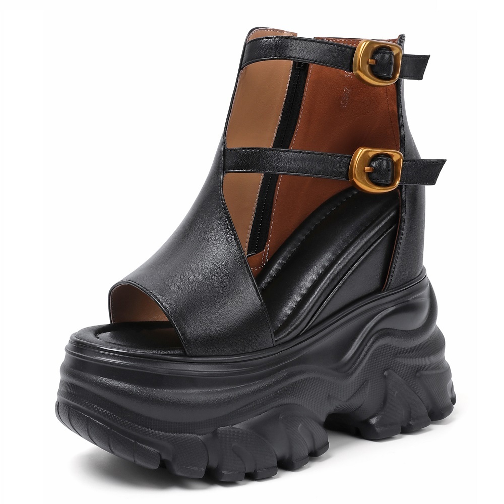 Women's Summer Genuine Leather Open Toe Gladiator Sandals Zipper Double Buckle Straps 14 CM Platform High Heels Slimming Versatile Shoes 60327