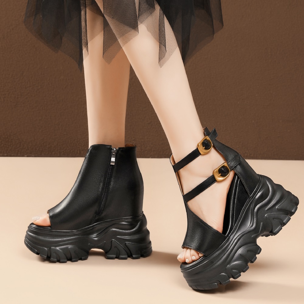 Women's Summer Genuine Leather Open Toe Gladiator Sandals Zipper Double Buckle Straps 14 CM Platform High Heels Slimming Versatile Shoes 60327