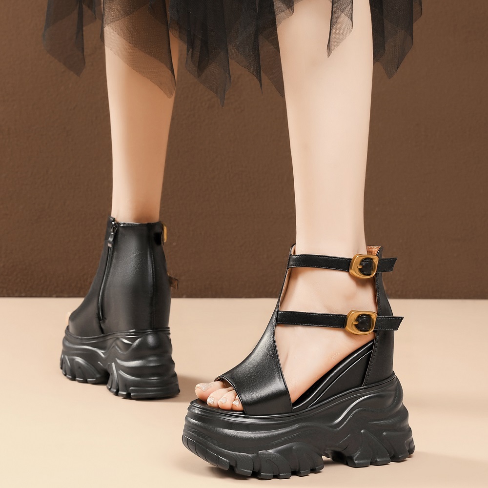 Women's Summer Genuine Leather Open Toe Gladiator Sandals Zipper Double Buckle Straps 14 CM Platform High Heels Slimming Versatile Shoes 60327