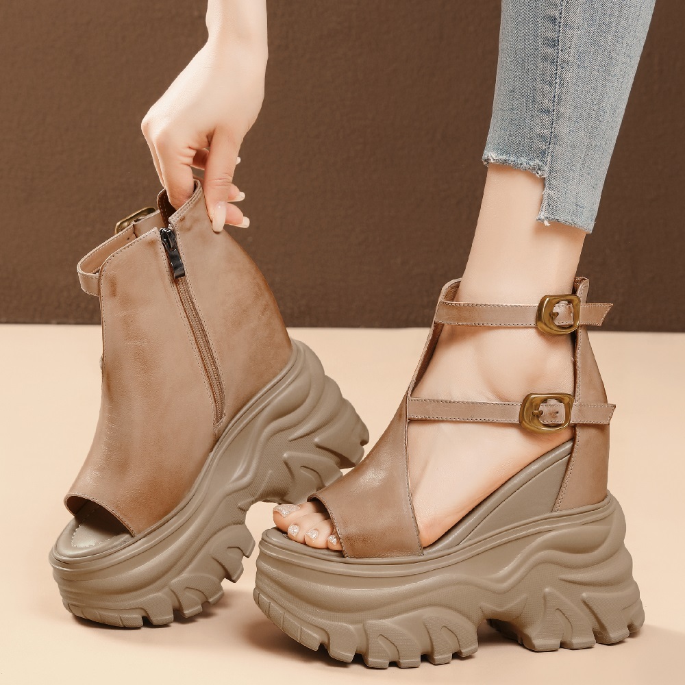 Women's Summer Genuine Leather Open Toe Gladiator Sandals Zipper Double Buckle Straps 14 CM Platform High Heels Slimming Versatile Shoes 60327