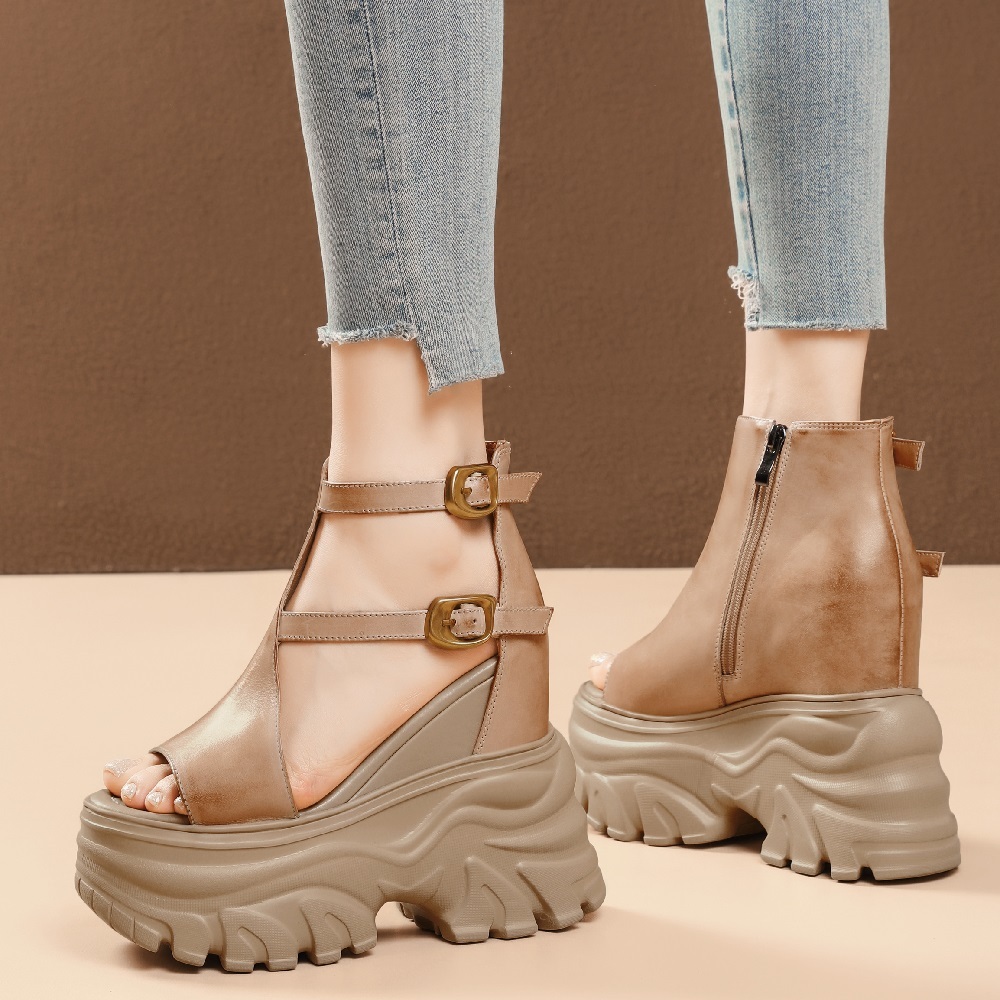 Women's Summer Genuine Leather Open Toe Gladiator Sandals Zipper Double Buckle Straps 14 CM Platform High Heels Slimming Versatile Shoes 60327